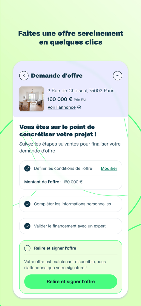 Interface of the Beanstock app showing a step-by-step process to finalize and sign a real estate purchase offer for a property in Paris.