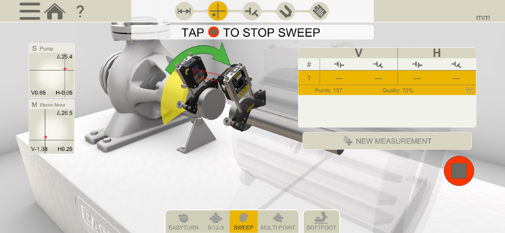 Easy-Laser XT Alignment app interface showing a sweep measurement process on a 3D model of a motor and pump