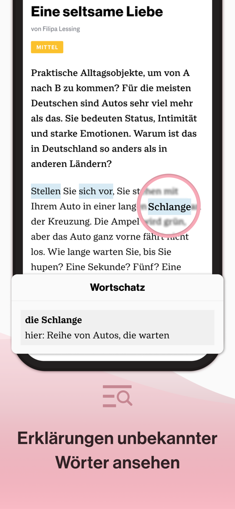 A screenshot of the Deutsch perfekt app showing the integrated vocabulary definition feature for German learners