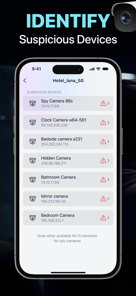 Hidden Camera Detector FindSpy - Smartphone screen showing a list of detected suspicious cameras on a hotel network