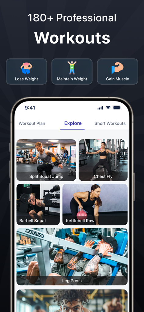 MyFitnessCoach-AI Fitness Diet - MyFitnessCoach app displaying a library of over 180 professional workouts and fitness goal options