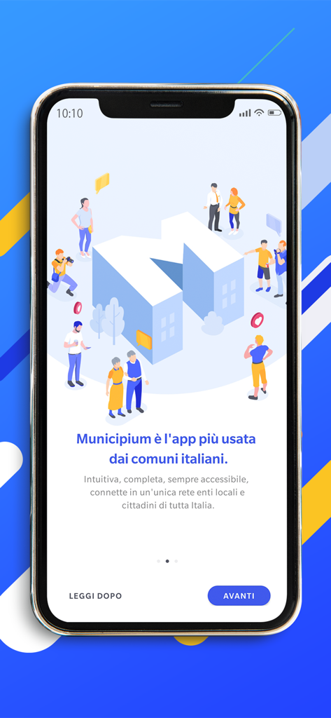 Municipium - Pantalla de incorporación de la aplicación Municipium con una ilustración de una comunidad diversa alrededor de una letra M gigante.