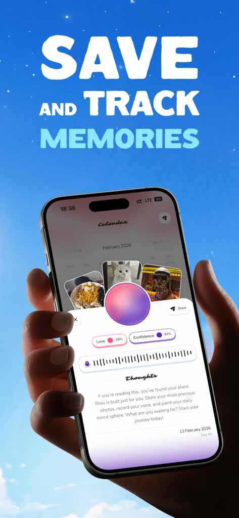 Emotion Tracker : Riley - 예술과 음성 메모를 통해 감정을 추적하는 기능을 갖춘 Riley 앱 인터페이스를 표시하는 스마트폰