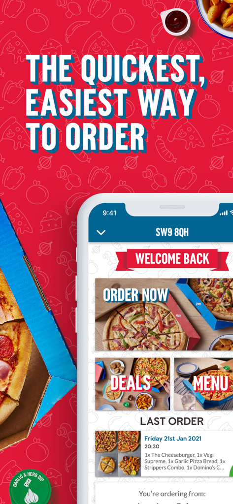 Domino's Pizza Delivery UK&ROI - Dominos Pizza delivery app home screen with order and deals options