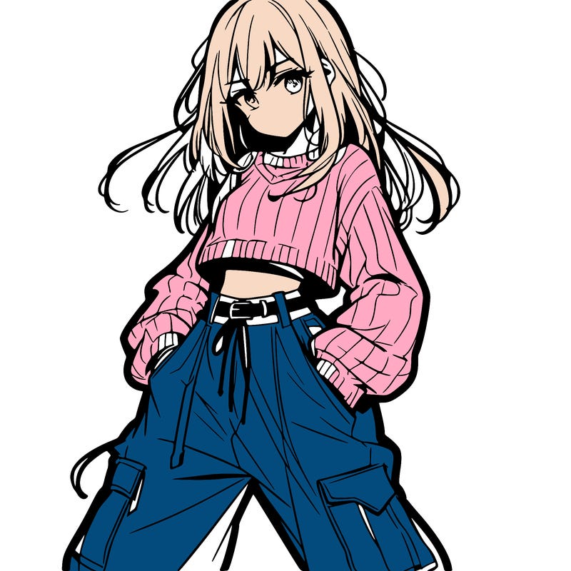 anime teen girl with baggy pants and crop top with sweater