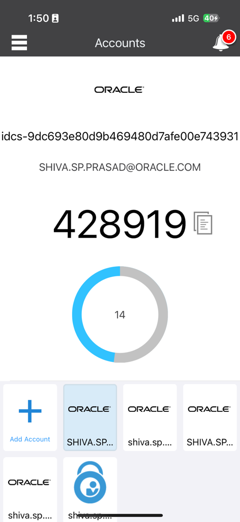 Oracle Mobile Authenticator - Oracle Mobile Authenticator app displaying a six digit one time passcode with a countdown timer and account list