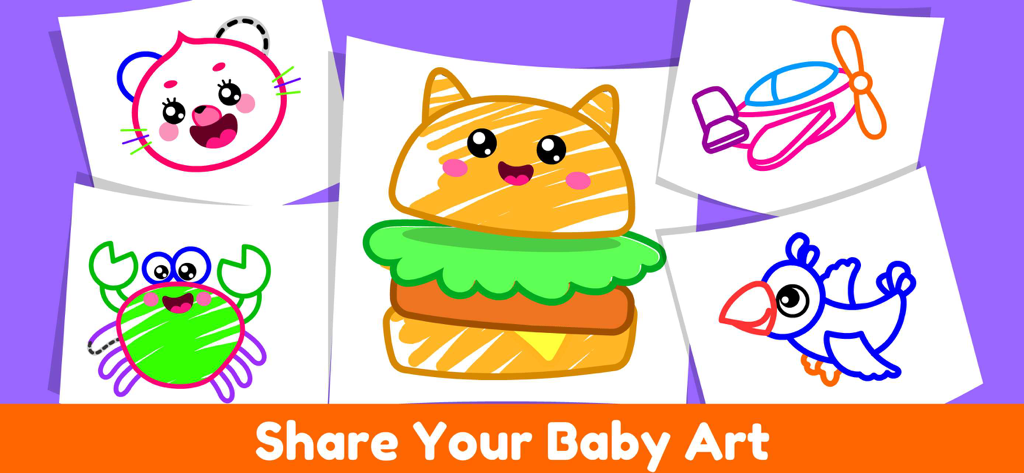 Coloring Games for Kids, Baby. - Collage of colorful children drawings including a cat burger and animals from a kids coloring app with the text Share Your Baby Art