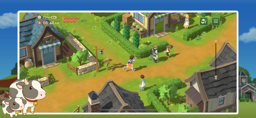Harvest Moon: Home Sweet Home - Isometric gameplay view of Alba Village with characters and houses in Harvest Moon Home Sweet Home