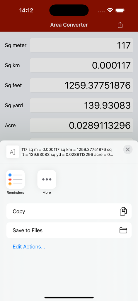 Area Converter - Area Converter mobile app showing simultaneous unit conversions between square meters, feet, yards, and acres