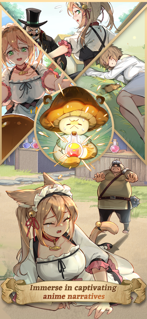 Uma colagem mostrando vários personagens de anime e o protagonista cogumelo de Isekai Slow Life com o texto Mergulhe em narrativas de anime cativantes