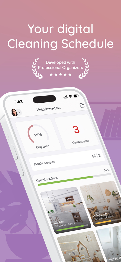 BeTidy app screen showing a digital cleaning schedule with daily task progress and home condition overview