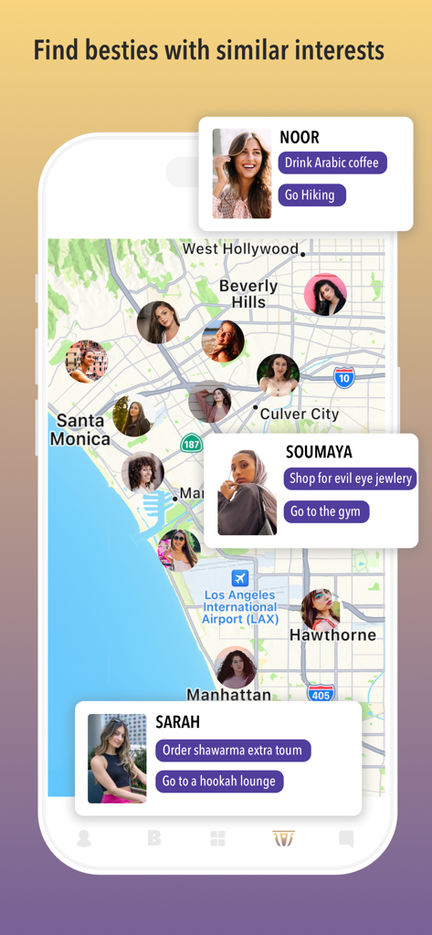 baklava: Arab Relationships - Baklava-App-Kartenoberfläche, die Benutzer in der Nähe mit kulturellen Interessen wie arabischem Kaffee und Shawarma anzeigt
