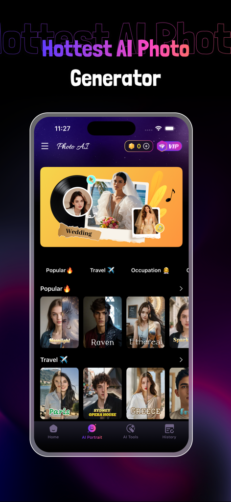 Photo AI Enhancer - Mobile Benutzeroberfläche der Photo AI Enhancer App mit KI-Porträt- und Face-Swap-Vorlagen für Reise- und beliebte Stile.