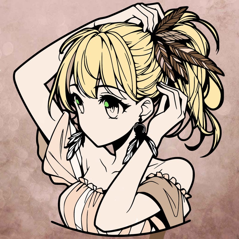 anime girl tucking her hair behind her ear with feathered earrings