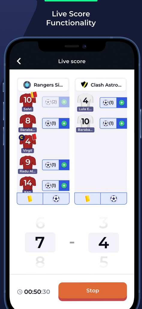 Mobile app interface displaying live score updates player stats and match duration for a sports tournament