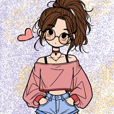 girl with a messy ponytail glasses a baggy crop top and jean shorts
