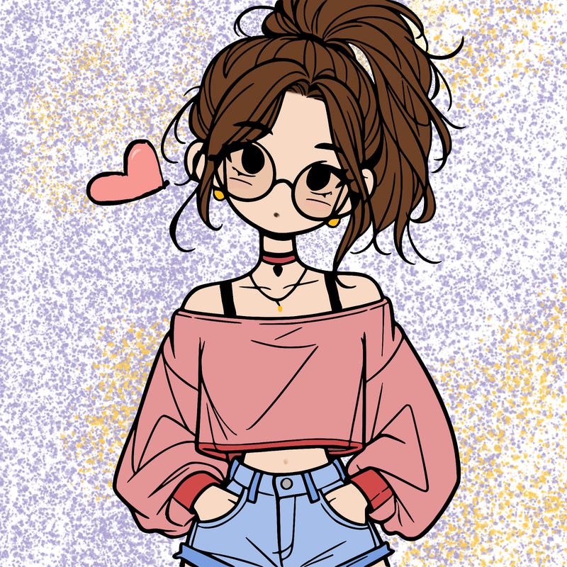 girl with a messy ponytail glasses a baggy crop top and jean shorts