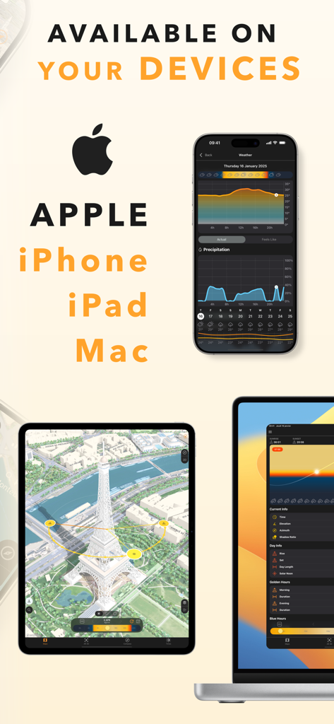Sun Quest - Tracker & Seeker - Sun Quest app interface displayed across iPhone iPad and Mac showing sun tracking and weather data