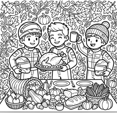 Get ready for a unique holiday celebration with this exciting Motor Racers Thanksgiving coloring page. Join these speedy friends as they gather around a bountiful harvest table, ready for a festive feast.