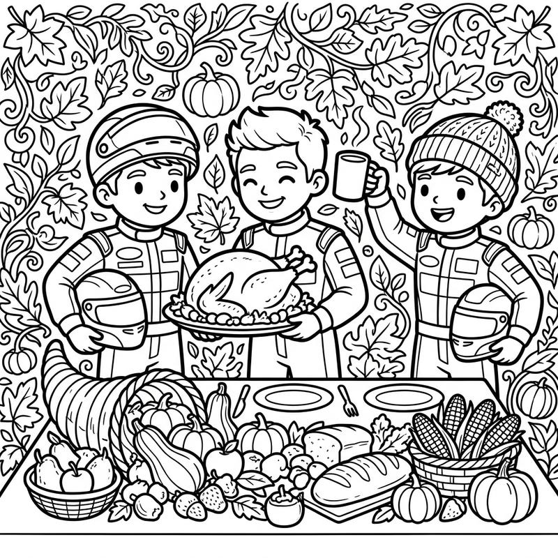 Get ready for a unique holiday celebration with this exciting Motor Racers Thanksgiving coloring page. Join these speedy friends as they gather around a bountiful harvest table, ready for a festive feast.