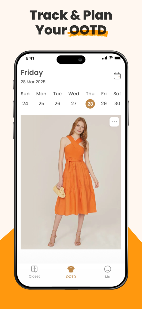 DLOOK: AI Fashion Stylist - Mobile app interface showing a calendar and a tracked daily outfit with a woman in an orange dress