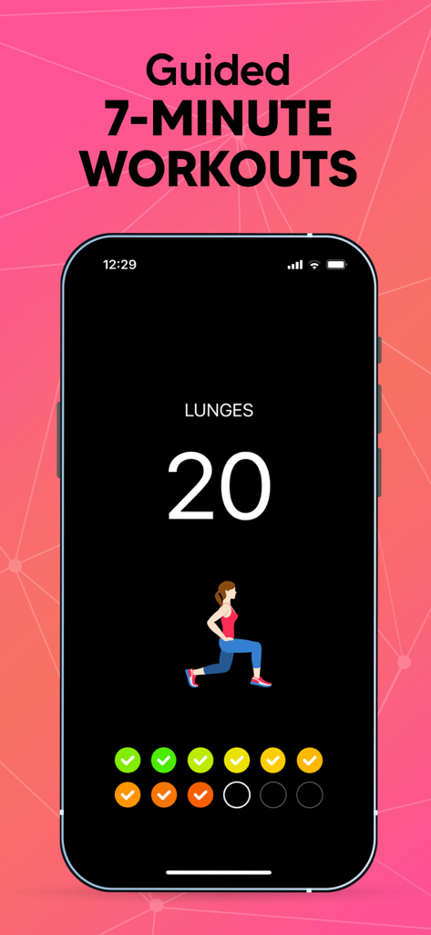 Smartphone screen showing a guided 7 minute workout session with a lunge exercise animation and countdown