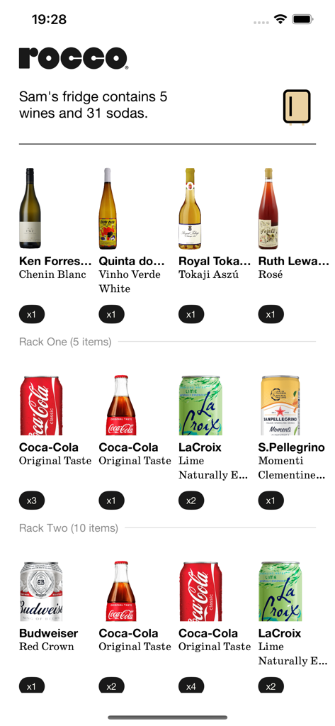 Rocco Fridge - Rocco Fridge app interface displaying a categorized list of drinks and inventory levels