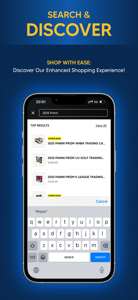 Interface de recherche de l'application Panini Direct affichant les résultats des cartes à collectionner Prizm 2025 sur un smartphone