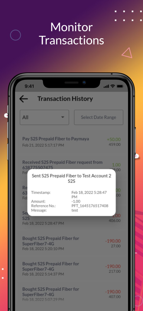 SurfCoins - SurfCoins app transaction history screen showing prepaid fiber internet credit transfers and payments