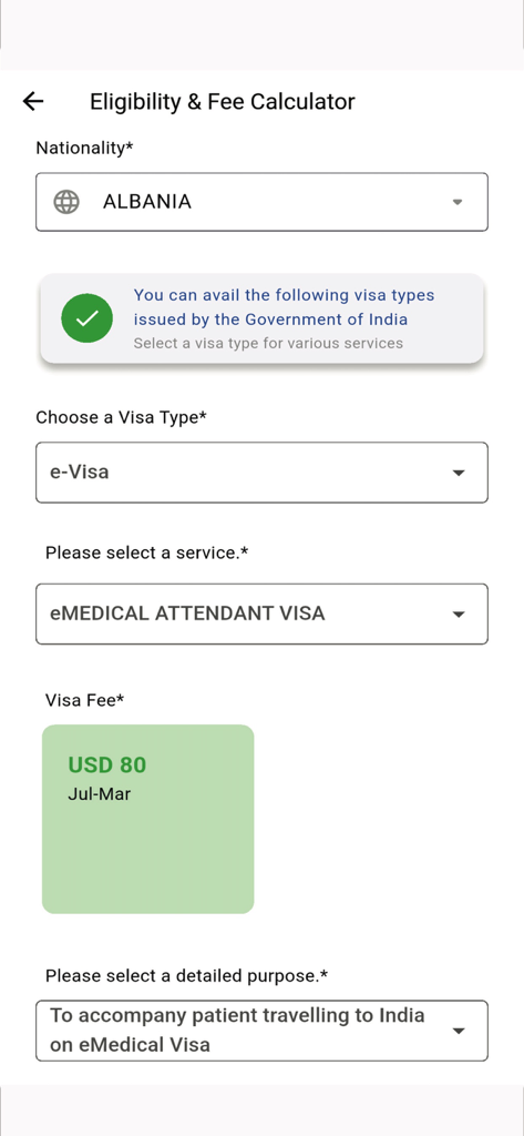 Indian Visa Su-Swagatam app eligibility and fee calculator screen showing visa cost for international travelers
