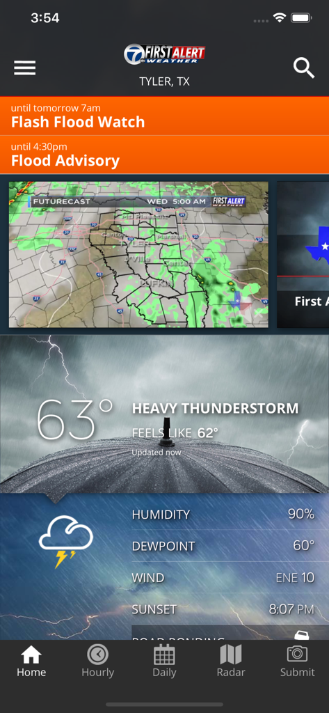 KLTV First Alert Weather app interface showing heavy thunderstorm and flood alerts for Tyler Texas
