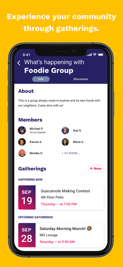 Cobu - Power Genuine Community - Interfaz de la aplicación Cobu mostrando una página de grupo de comida con próximos eventos comunitarios como un concurso de preparación de guacamole y una reunión de desayuno