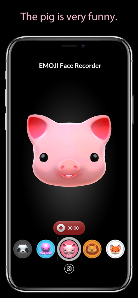 Interface of the EMOJI Face Recorder app featuring a 3D pig head model for AR face tracking