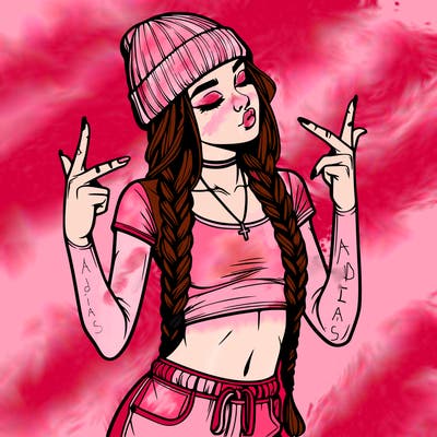 realistic teenage girl with braids and a beanie and crop top doing 🫶🏼