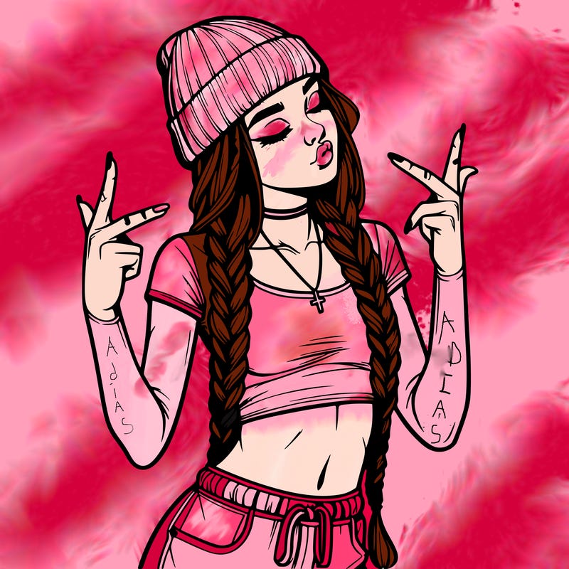 realistic teenage girl with braids and a beanie and crop top doing 🫶🏼