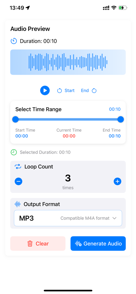 Audio Looper - Audio Repeater - Mobile app interface for Audio Looper showing waveform preview time range selection and loop count settings