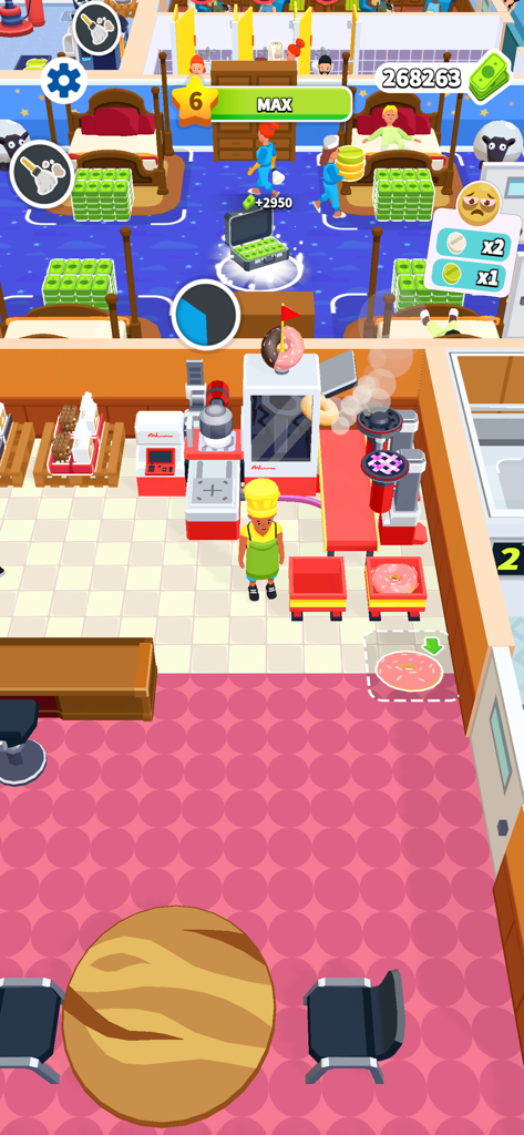 Gameplay screenshot of Doctor Hero Hospital Game showing medical beds and a donut production area in a colorful clinic