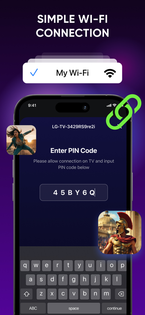 Pantalla de smartphone mostrando una configuración simple de conexión Wi-Fi con entrada de código PIN para un control remoto de Smart TV
