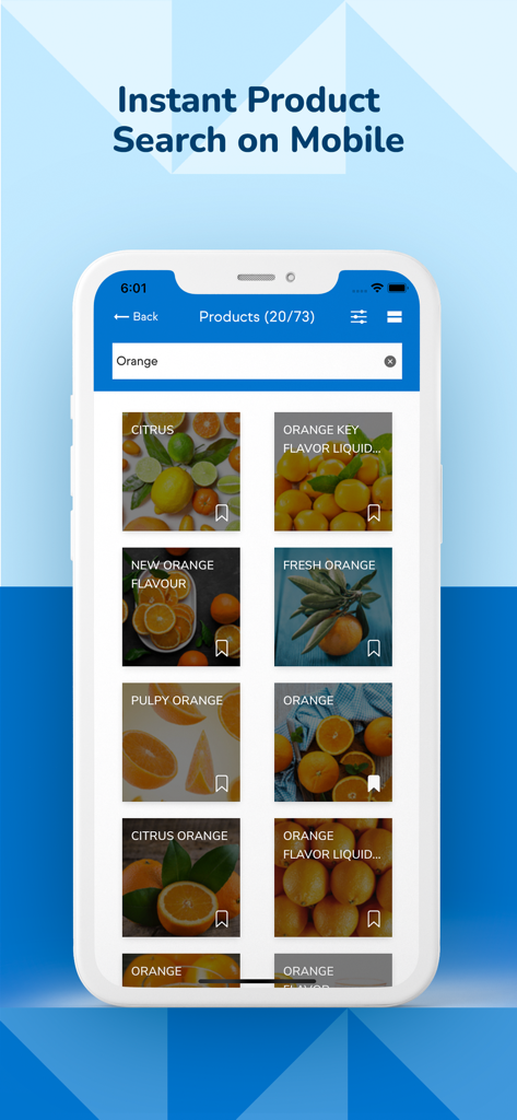 IFF PRODUCT FINDER - A smartphone showing the IFF Product Finder app search results for orange ingredients in a professional catalog grid