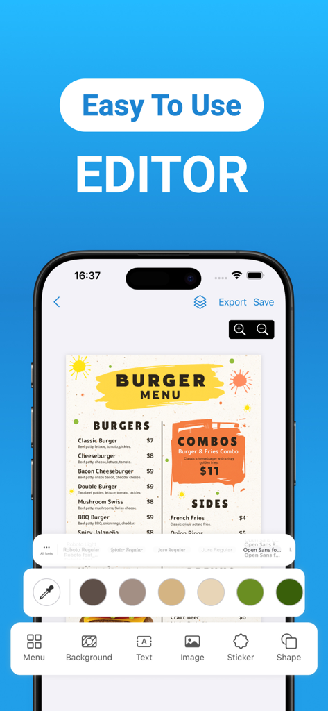 Create Menus Easily - The easy to use editor interface of the Create Menus Easily app showing a burger menu design