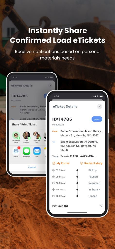 Smartphone display of E-Tickets app showing load ticket details and sharing options for construction logistics.