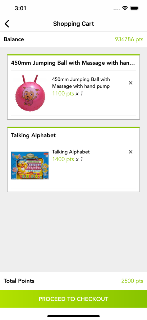 Panel Home - Shopping cart screen in the Panel Home app showing reward points being used to redeem children's toys
