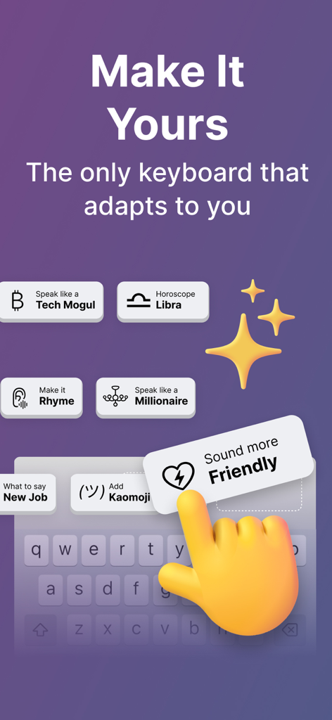 Interfaz de la herramienta de escritura IA Smart Keys que muestra funciones de teclado personalizadas como ajuste de tono y kaomojis