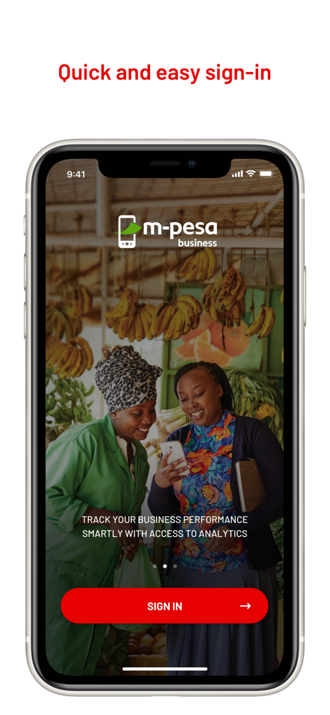 M-Pesa Business Tanzania - M-Pesa Business Tanzania app sign in screen featuring Tanzanian merchants in a marketplace