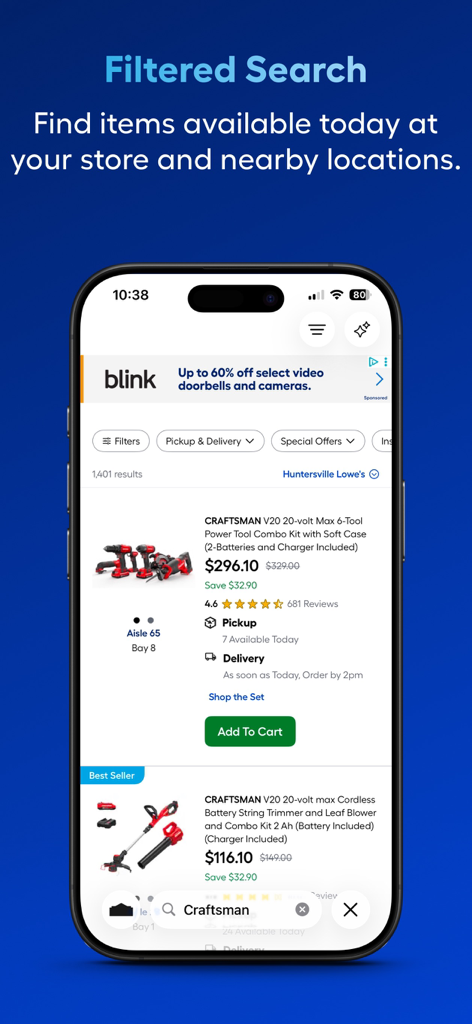 Lowe's Home Improvement - Interfaccia dell'app Lowe's che mostra i risultati di ricerca filtrati per strumenti con corridoio e posizioni degli scaffali