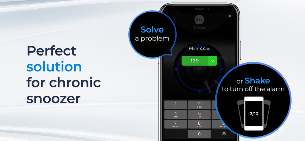 Alarm Clock for Me app featuring math problems and shake gestures to wake up heavy sleepers