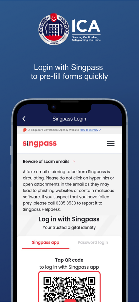 A smartphone screen displaying the Singpass login page within the MyICA Mobile app to pre-fill forms quickly.