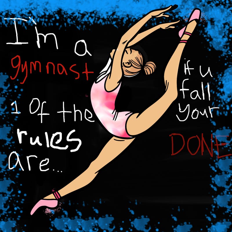 gymnast doing a leap in a leotard with a bent back leg