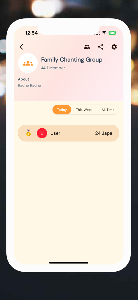 Radha Chant Counter - The Family Chanting Group screen in the Radha Chant Counter app displaying user rankings and chanting progress.