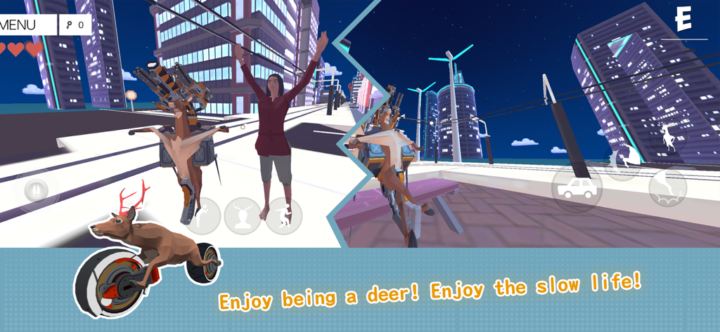 DEEEER Simulator: Future World - Ein Reh fährt ein futuristisches Radfahrzeug in einer chaotischen Low-Poly-Stadtumgebung